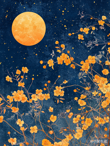 夜空下的橙黄月亮与金色桂花的美丽动漫水彩景