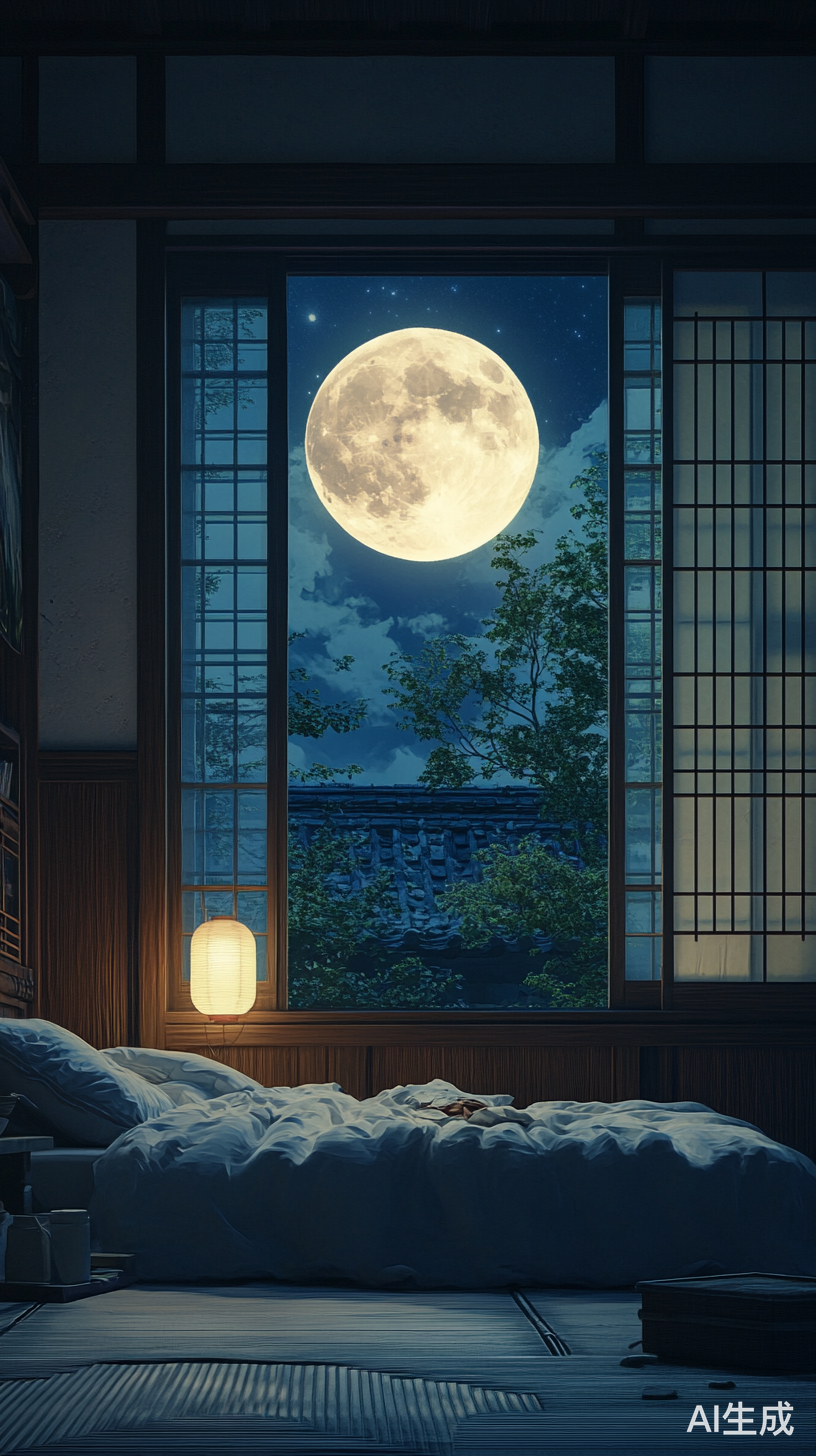 宁静夜晚的月光与古朴床榻的神秘氛围