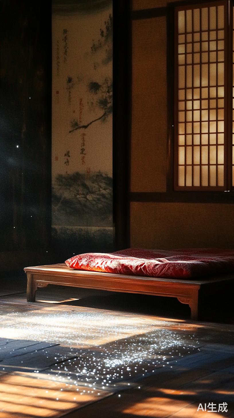 古代简陋房间中的木床和月光光斑
