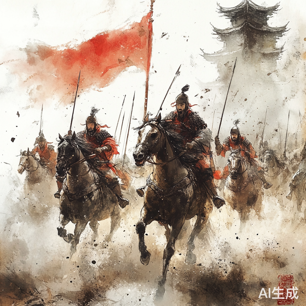 水彩画描绘宋朝英勇将士冲锋的壮丽场面