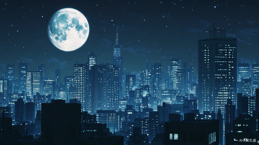 城市夜晚高楼大厦与明亮月亮的暗色背景