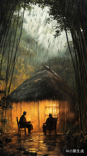 竹林掩映下的雨中老夫妻闲坐