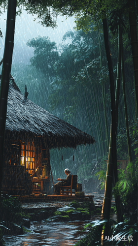竹林掩映下的雨中老夫妻闲坐