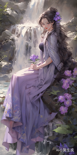 古风紫衣女子在瀑布前的唯美景象