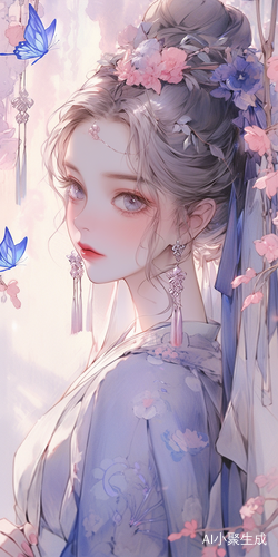 清冷可爱古风女子与瀑布蝴蝶共舞