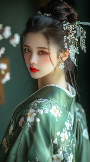 A beautiful woman wearing a green Hanfu with white flowers on the chest and sleeves, red lips, and eyes that seem to gaze directly at the viewer. Her hair is styled in an updo, and the side lighting creates a striking effect. The full-body photograph showcases her delicate facial features, which resemble those of an anime character. The image is high-definition, with exceptional detail and clarity. ar 7:12