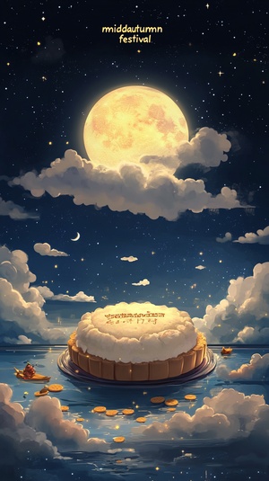 In the felt style of the picture, from the bird's eye view, a huge plush moon cake looks like a warm island, lying quietly there, the moon cake "Mid-Autumn Festival" The two words are particularly eye-catching, as if telling an ancient reunion story, surrounded by the quiet night sky, hazy clouds like gauze fluttering, glittering stars just like bright gems dotted among them, the whole scene is full of vitality and interest, as if a dream of the Mid-Autumn Festival fairy tale world, let people i