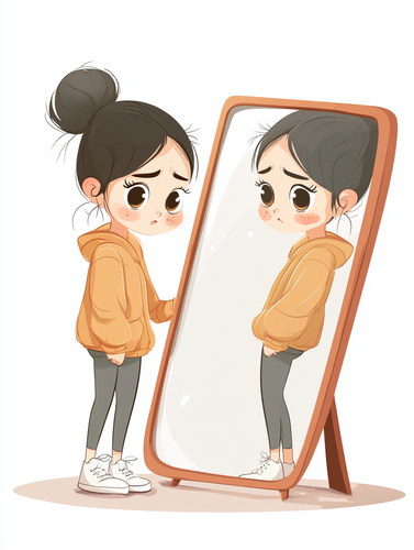 忧郁可爱卡通女孩的极简主义插图