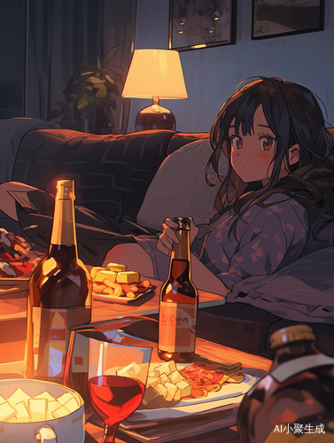 夏夜动漫少女在电视前慵懒享受生活