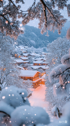 美丽雪景村庄的超广角摄影作品