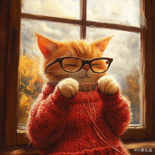 戴着老花镜的橘猫在窗前织红色毛衣