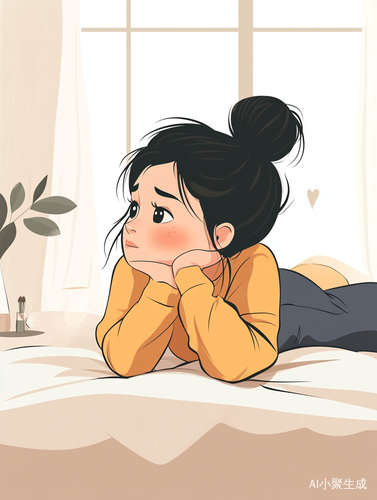 可爱卡通女孩卧室思考的极简主义插图