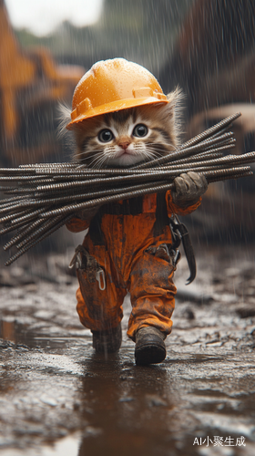 小猫穿工地服装扛重钢筋行走雨中
