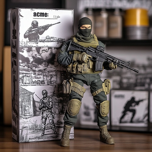 A Call of Duty: Modern Warfare action figure is displayed in the box, holding an assault rifle and wearing a balaclava mask on his head. The packaging reads "ACME: Le Chiffre". In front of it was placed a display stand featuring hand-drawn illustrations of warzone scenes. v 6.1 ar 3:4