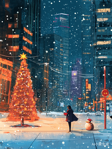 漫画风格的圣诞节上海夜景温暖舒适的街头场景