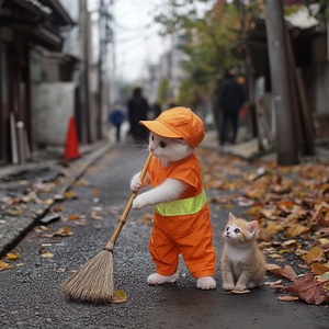 一条街道的路边，一个橘白色猫咪拿着扫帚在扫地。在扫地，而且旁边还有一只小猫咪要照顾（橘黄色的工作服），（黄色反光条），（橘黄色帽子），（面相和善），（满脸笑容），（衣装朴素），（干净整洁），（很大的竹扫把），地上有许多落叶，行人不多，沧桑的脸，粗糙的手