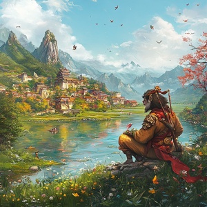 Wukong in the game, surrealist painting, city, sitting by the lake thinking about life, outdoor grassland, birds singing, flowers blooming, picturesque mountains and clear waters. ,