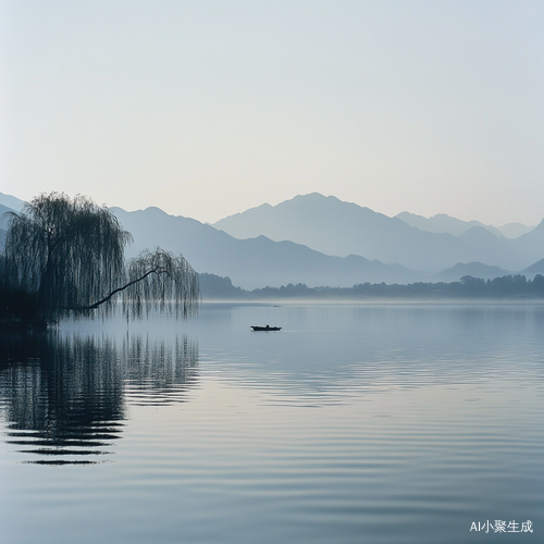 清晨西湖的波光粼粼与柳影摇曳的美景