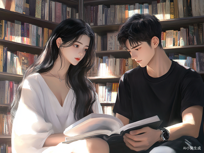 长发美女图书馆看书帅哥相伴