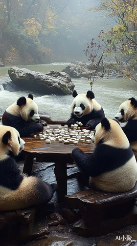 Pandas Playing Mahjong by the Riverbank Captured on iPhone