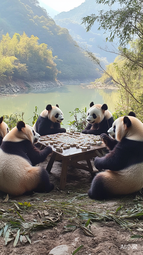 Pandas Playing Mahjong by the Riverbank Captured on iPhone