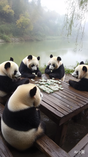 Pandas Playing Mahjong by the Riverbank Captured on iPhone