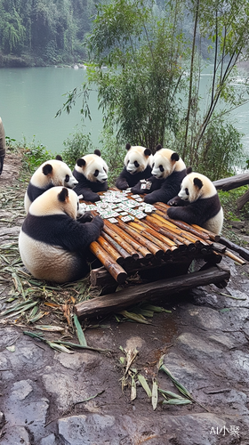 Pandas Playing Mahjong by the Riverbank Captured on iPhone