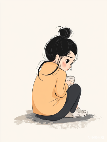 极简插图风格的可爱女孩背影喝酒