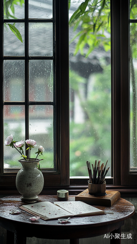 禅意小桌子与雨中景致的诗情画意