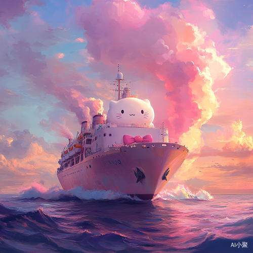 梦幻Hello Kitty轮船在海上破浪前行