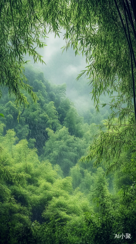 清晨湿润竹林晨雾中的自然之美