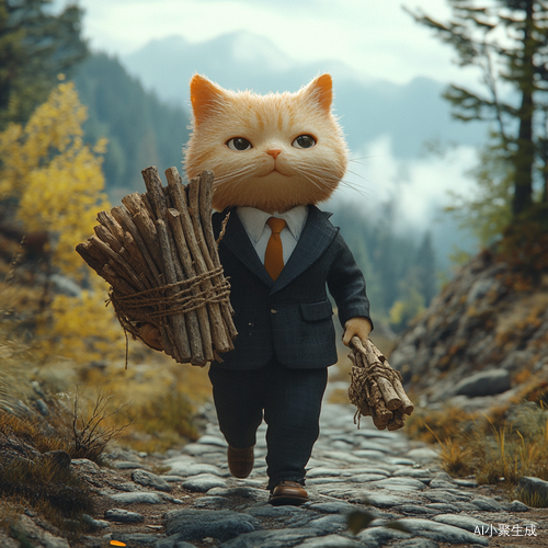 3D动画展现拟人化小花猫背柴行走于宁静山路