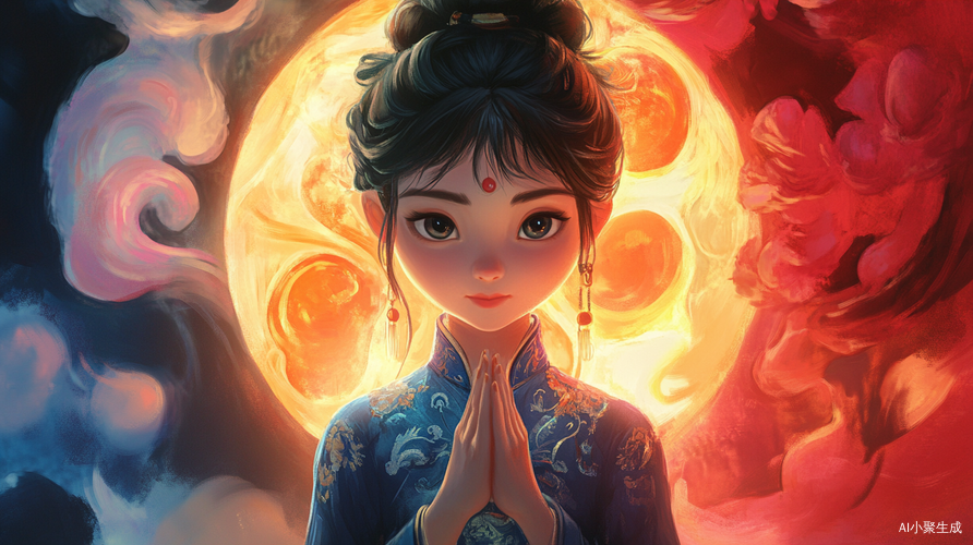 唐装女孩在阴阳五行图背景下品尝五味