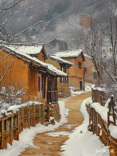 农村村庄，泥土房土坯房构造，雪景，有树有杂草，有道路，有泥土墙木栅栏！远景