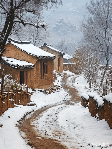 雪景下的农村村庄泥土房土坯房与自然风光