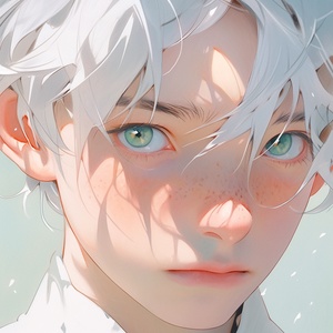 Close-up of the face of a man with short silver hair and gray eyes ，in the style of Japanese anime, wearing a white shirt.