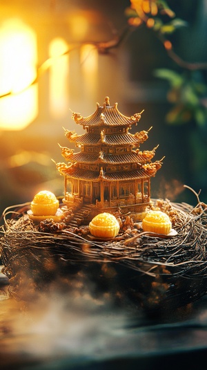 plmooncakeanything, mooncake，Moon cake, a very creative picture, bird's nest picture, a miniature statue of the Summer Palace made of moon cake, exudes a warm light, very realistic, depth of field 8K