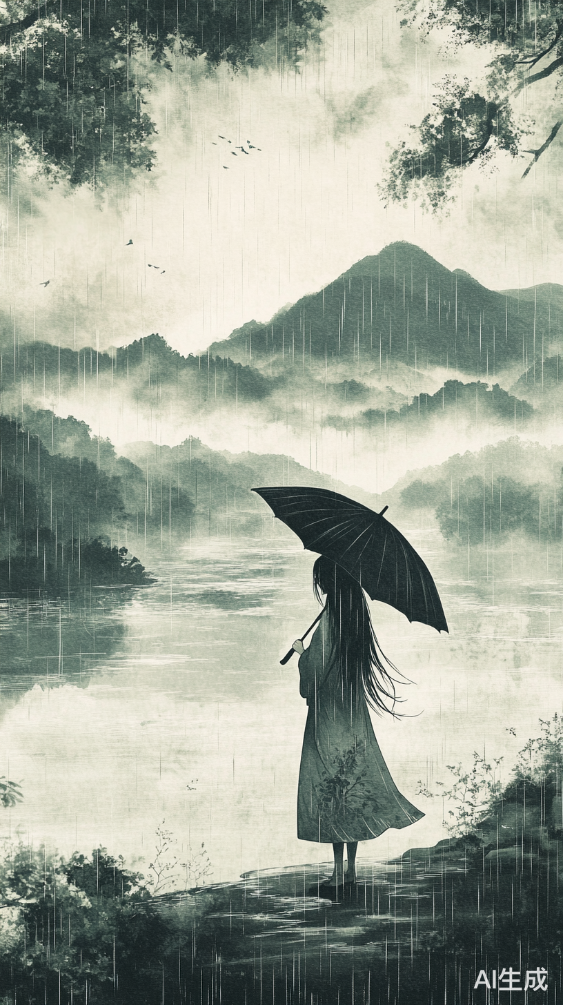 雨中思考的长发少女与远山雾气