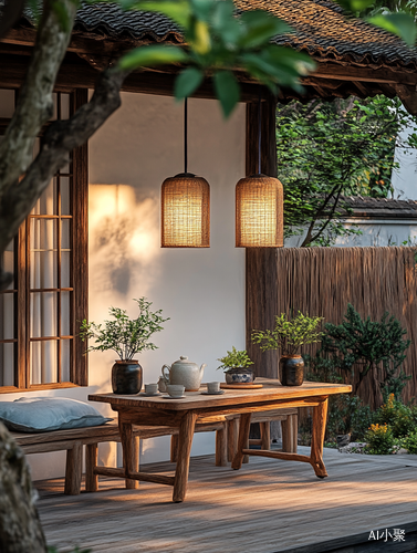 Cozy Thatched Roof House with Chinese Lanterns and Garden Atmosphere