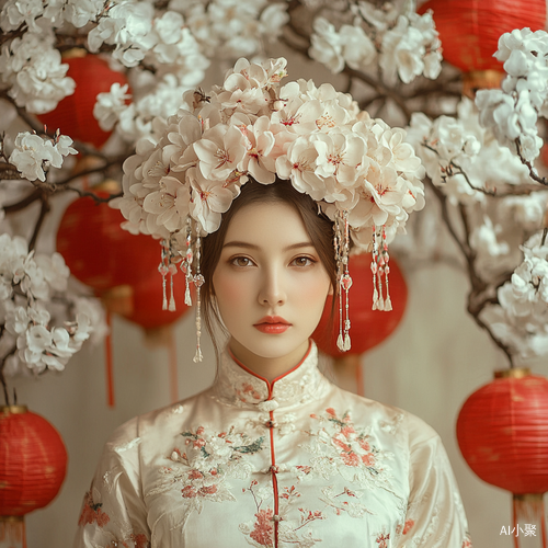 Traditional Chinese Woman Portrait Surrounded by Flowers and Lanterns