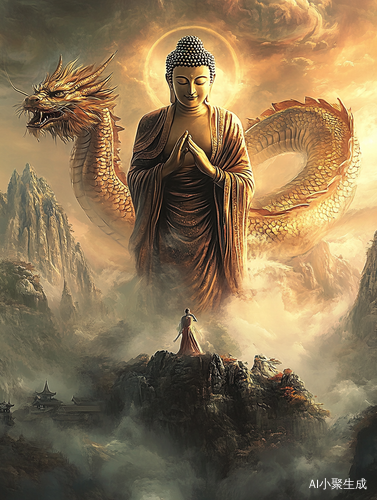 高山佛祖与威武巨龙的仙境奇观