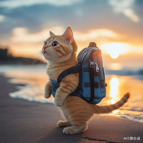 橘黄色小猫咪背包站海边观朝霞