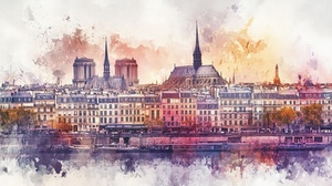 Watercolor Cityscape Postcard +Greetings from Paris, Copy Space for Text, clear, focus cover all object, Extensive Depth of Field -no blur, grunge, splash, dust ar 16:9 -