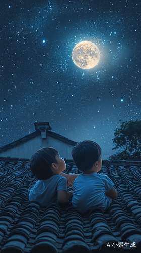 夏日夜空下两个小孩的静谧时光