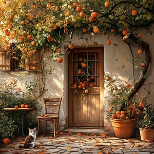 women,door,yard,green plants,persimmon tree,ripe persimmon,lazy kitten,chair,fallen leaves,flowers,(masterpiece:1,2),best quality,masterpiece,highres,original,extremely detailed wallpaper,perfect lighting,(extremely detailed CG:1.2),drawing,paintbrush,,