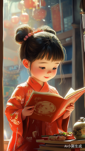 小女孩唐装阅古书享传统美食