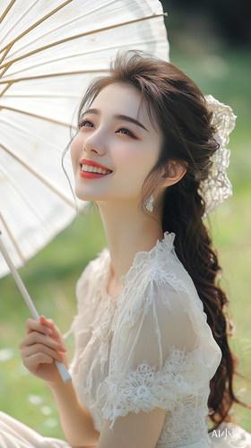 Beautiful Smiling Woman in Dress Sitting on Grass with Umbrella