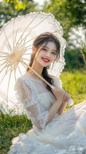 Beautiful Smiling Woman in Dress Sitting on Grass with Umbrella