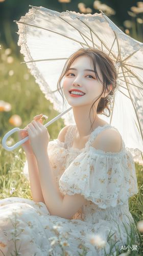 Beautiful Smiling Woman in Dress Sitting on Grass with Umbrella