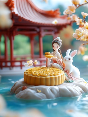 A beautiful woman and a white rabbit sit on a large mooncake, eating osmanthus tree mooncakes together. Behind them is a large pavilion with poster design and exquisite masterpiece. It is an 8K, 3D cartoon miniature scene, with a calm water surface background, blue water surface